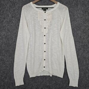 Eddie Bauer Cardigan Sweater Womens XL Ivory Tuxedo Ruffle Wooden Button Cotton